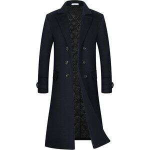 Men' Navy  Luxury Full Length Trench Coat Long Wool Overcoat Winter Windbreaker